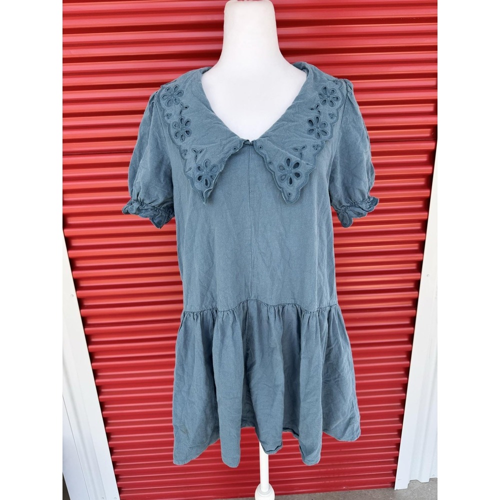 Pomander Place Dress Womens Small Blue Eyelet Collar Puff Sleeve Swing Mini